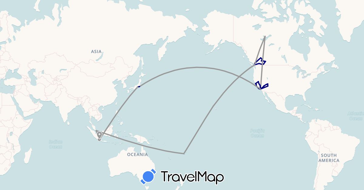 TravelMap itinerary: driving, plane in Canada, Fiji, Indonesia, Japan, Singapore, United States (Asia, North America, Oceania)